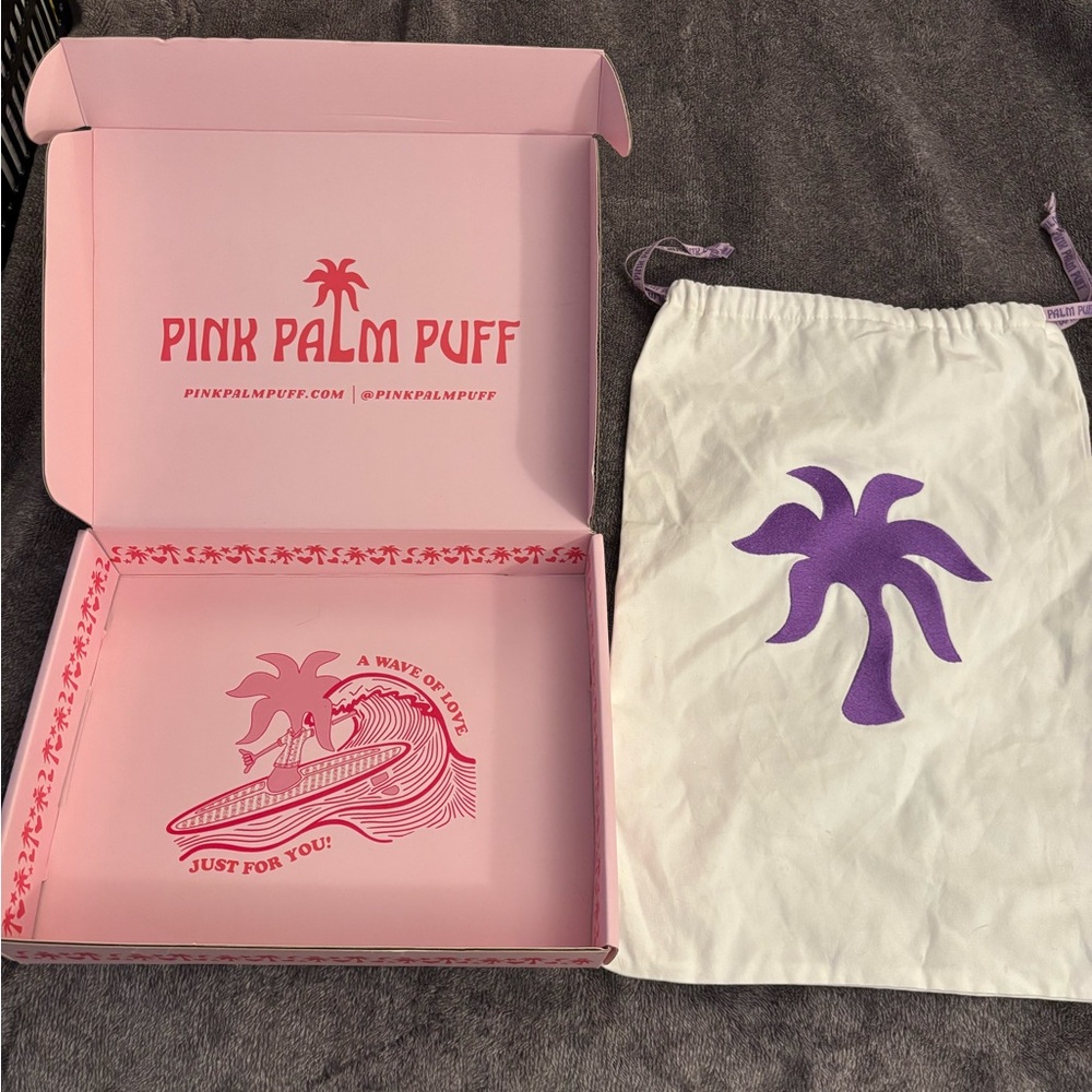 Pink Palm Puff Box and Purple Embroidered Dust Bag 17”x12”